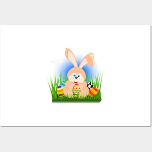 Cartoon easter rabbit on grass holding an easter egg Posters and Art